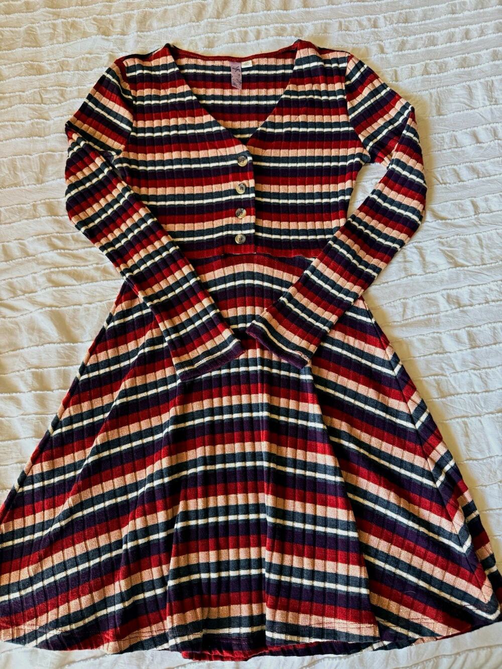 Alya Striped V-Neck Button Front A-Line Knee Dress Long Sleeve Size S